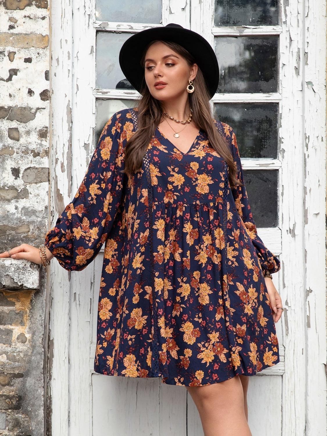 Plus Size Floral V-Neck Balloon Sleeve Dress - ClubOn