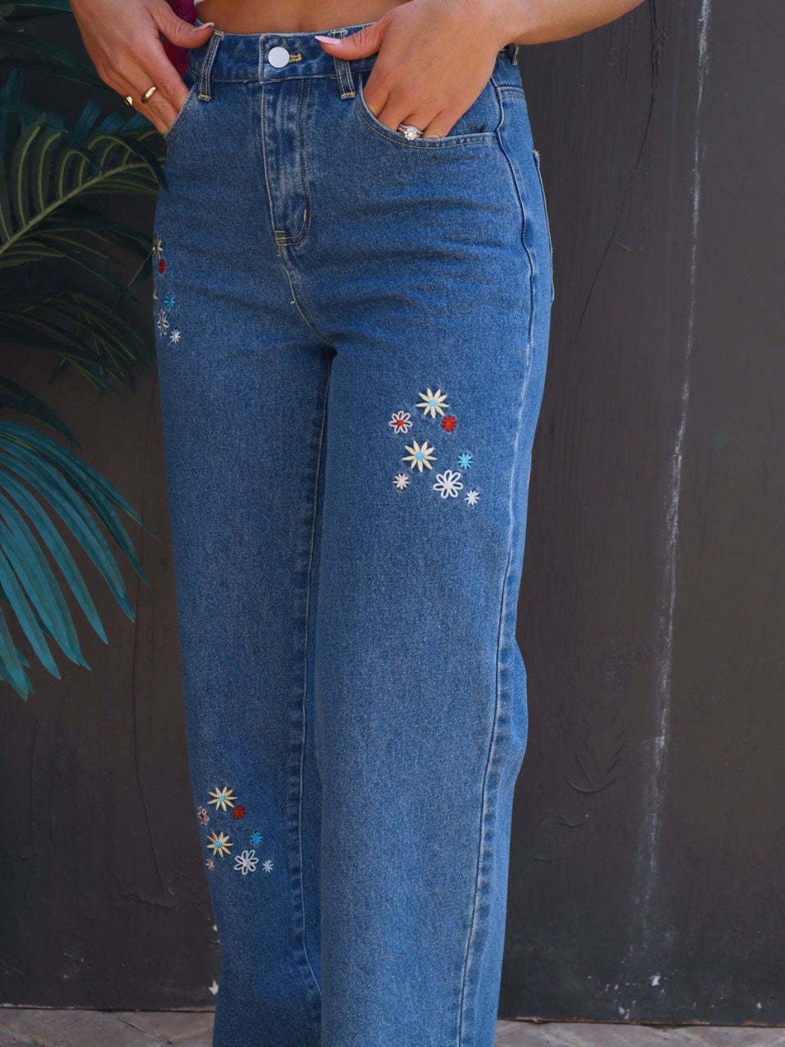 Embroidered Straight Jeans with Pockets - ClubOn