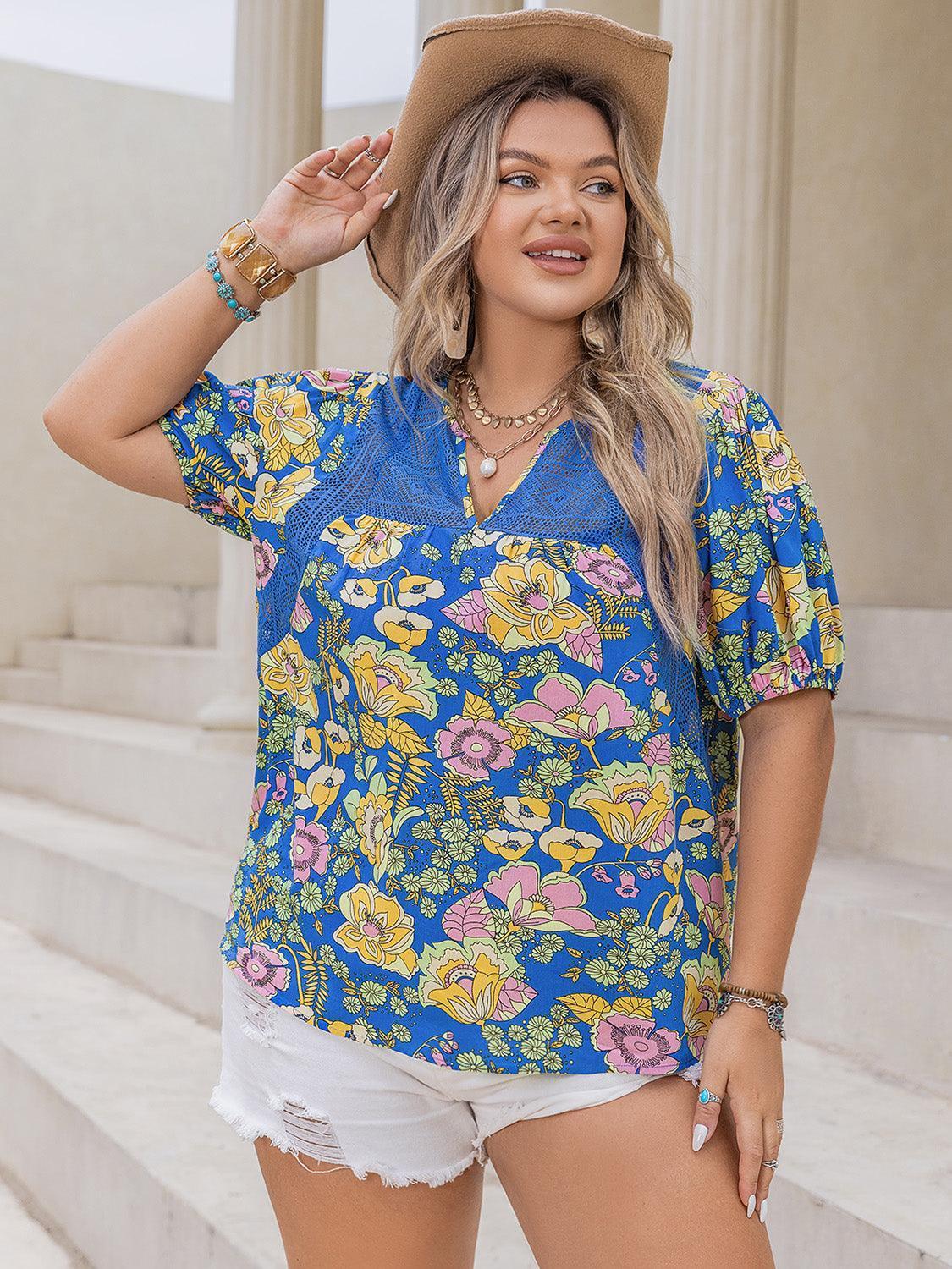 Plus Size Printed Notched Short Sleeve Blouse - ClubOn