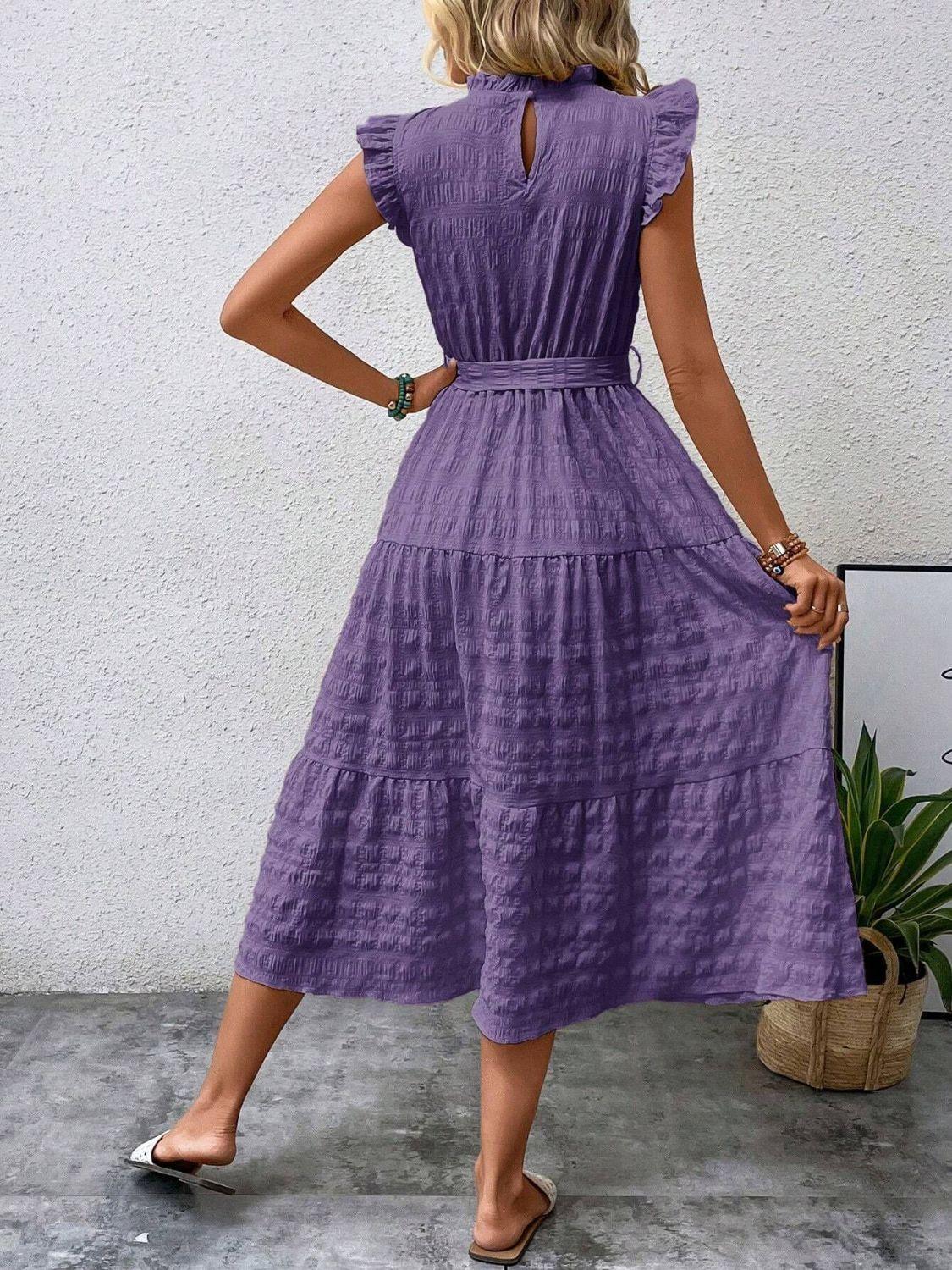Tied Ruffled Cap Sleeve Midi Dress - ClubOn