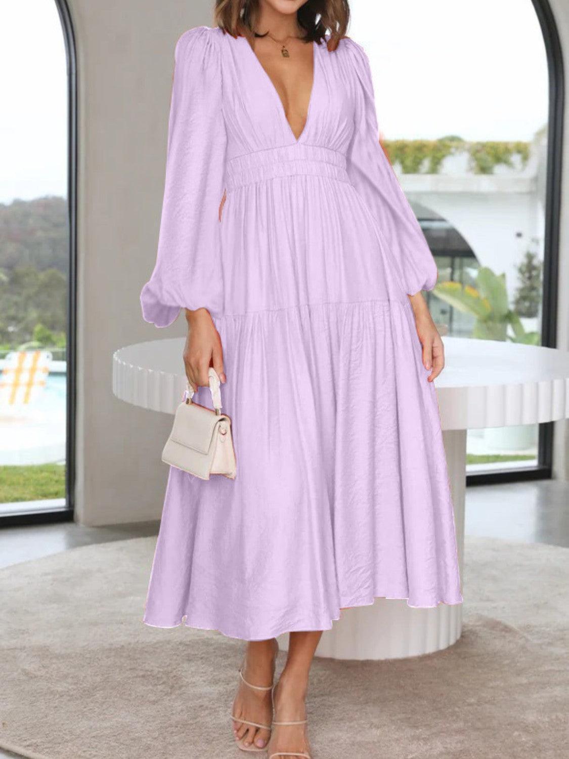 Deep V-Neck Balloon Sleeve Plain Maxi Dress - ClubOn