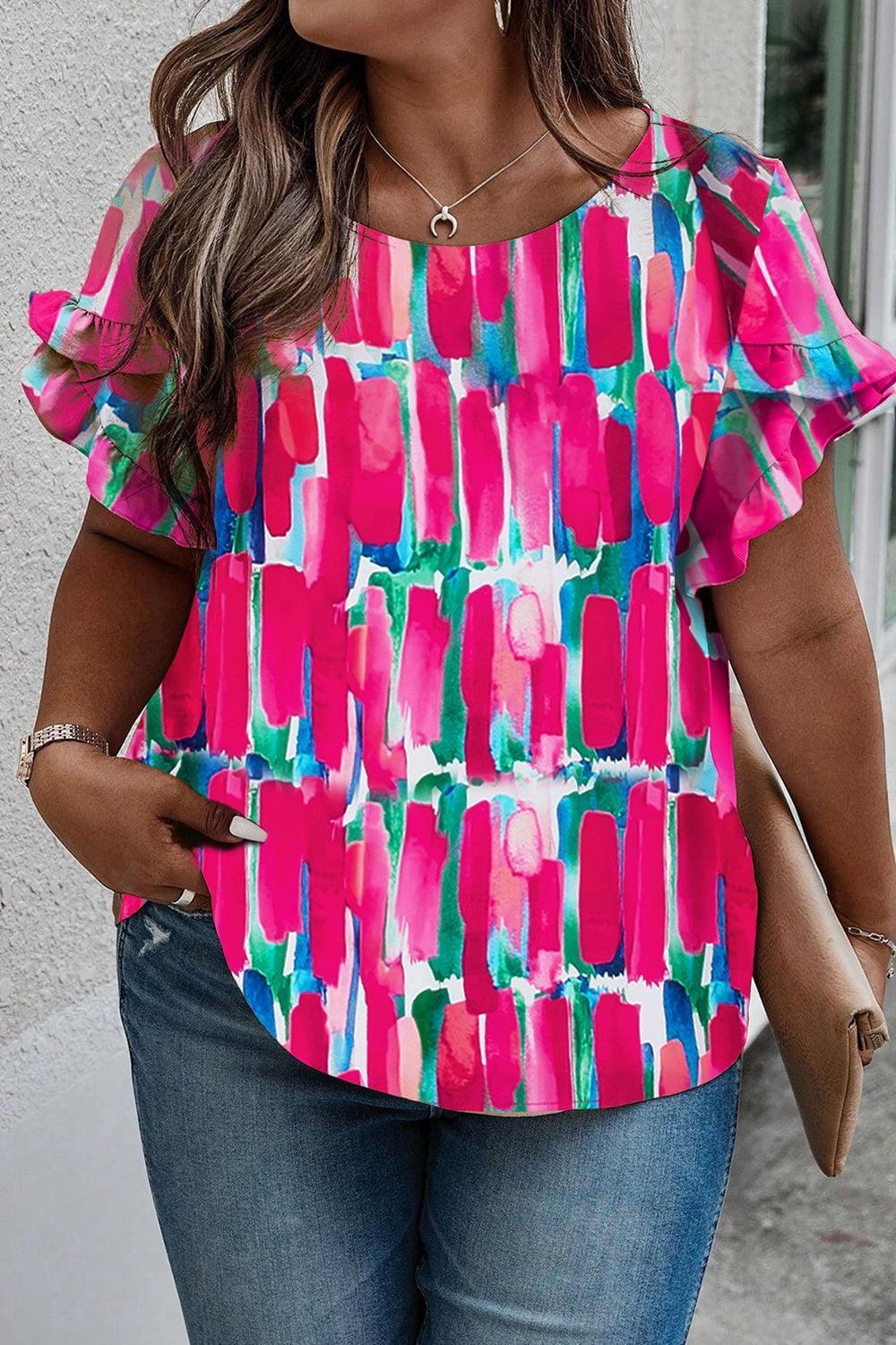 Plus Size Printed Round Neck Petal Sleeve Blouse - ClubOn