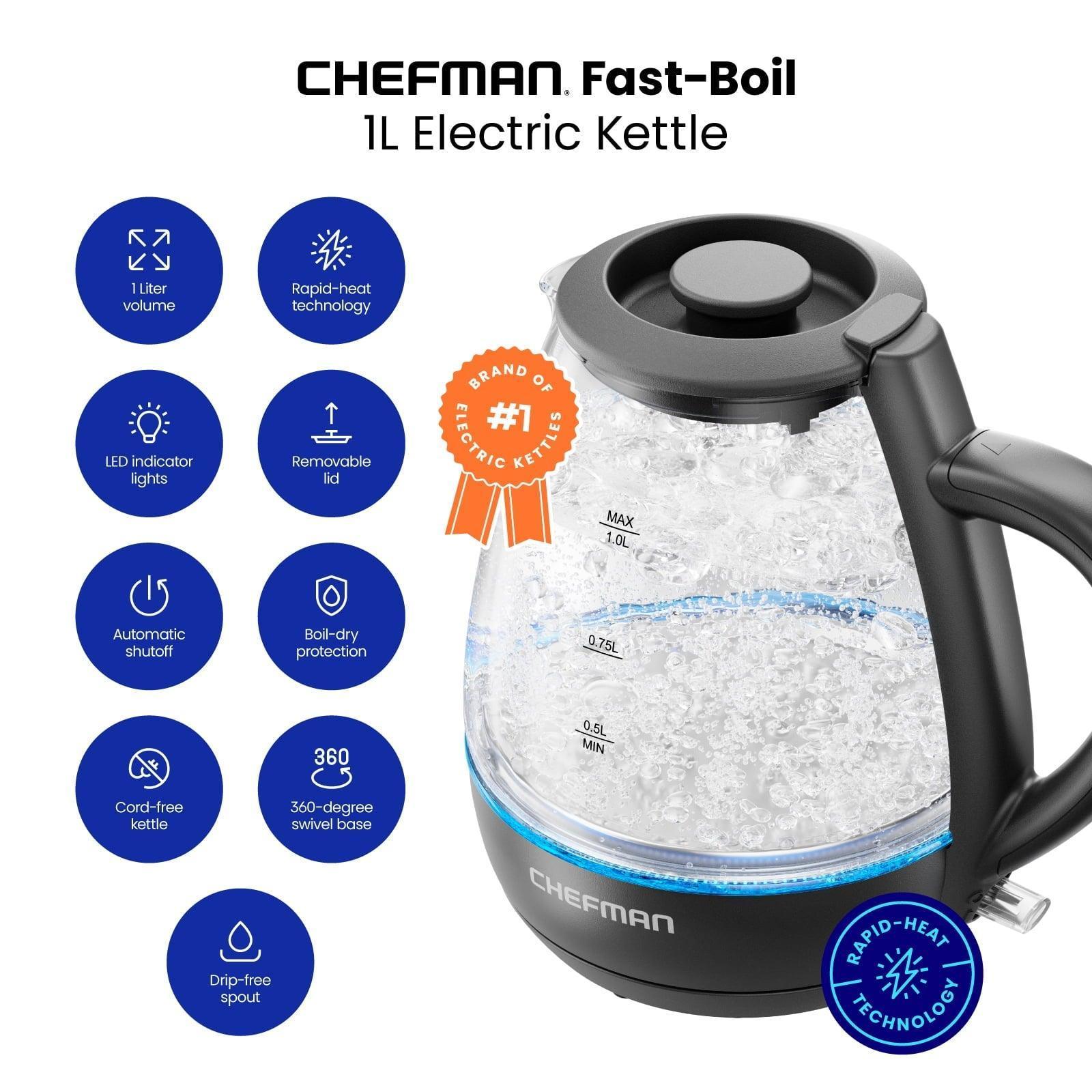 Chefman 1L Electric Glass Kettle w/ LED Indicator Light – Black, Automatic Shutoff - ClubOn