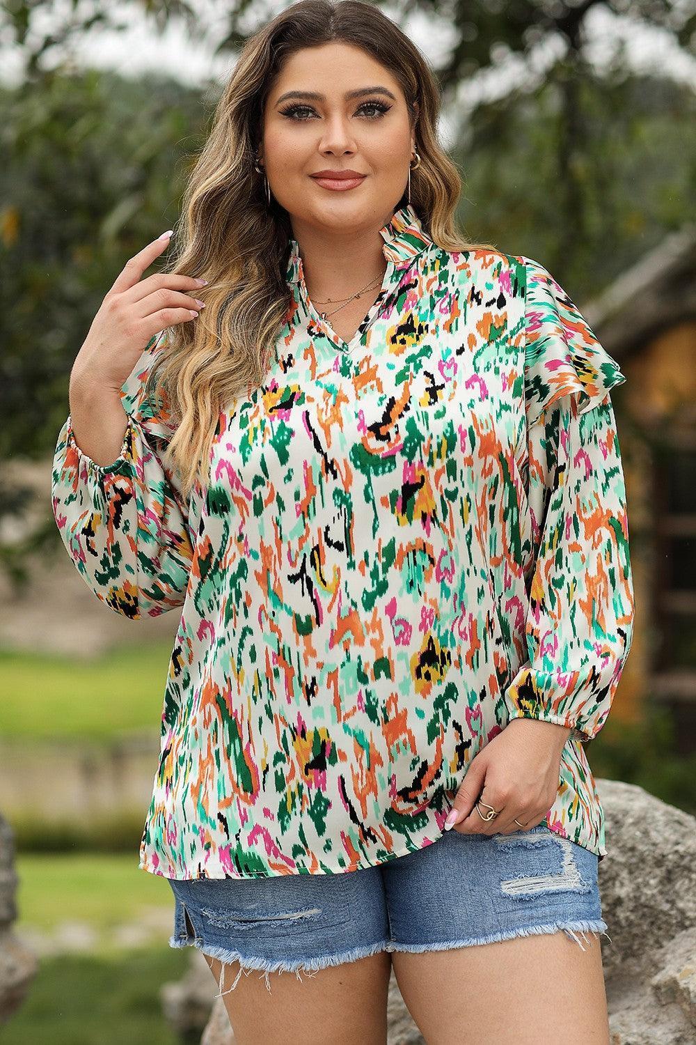 Plus Size Printed Ruffle Trim Long Sleeve Blouse - ClubOn