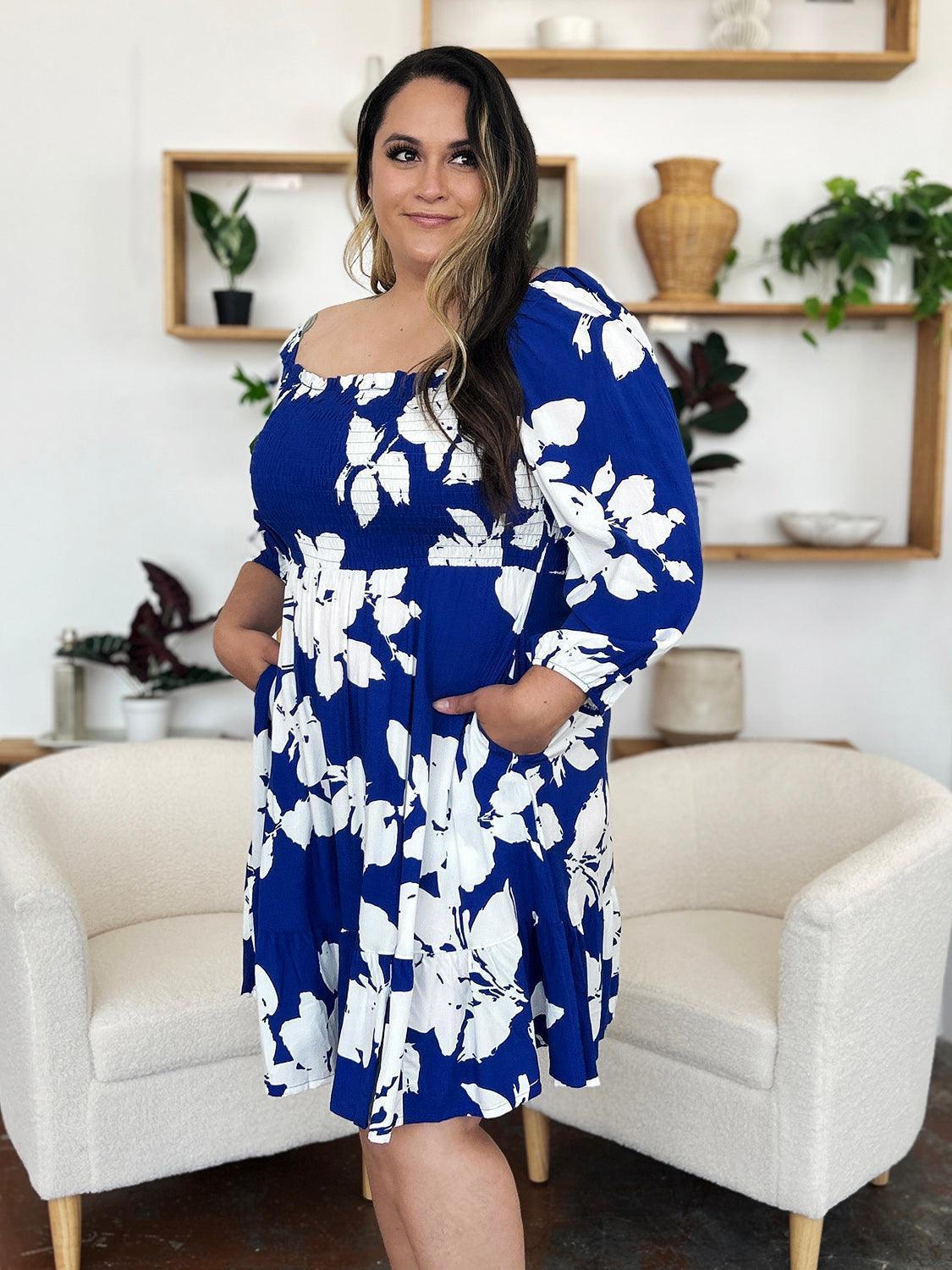 Double Take Full Size Floral Ruffle Hem Smocked Dress with Pockets - ClubOn