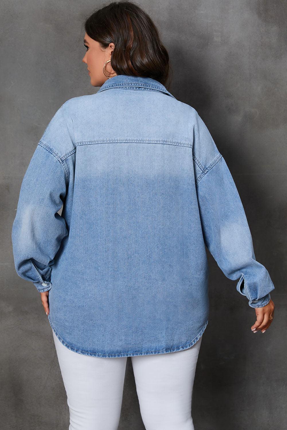 Plus Size Button Up Pocketed Denim Top - ClubOn