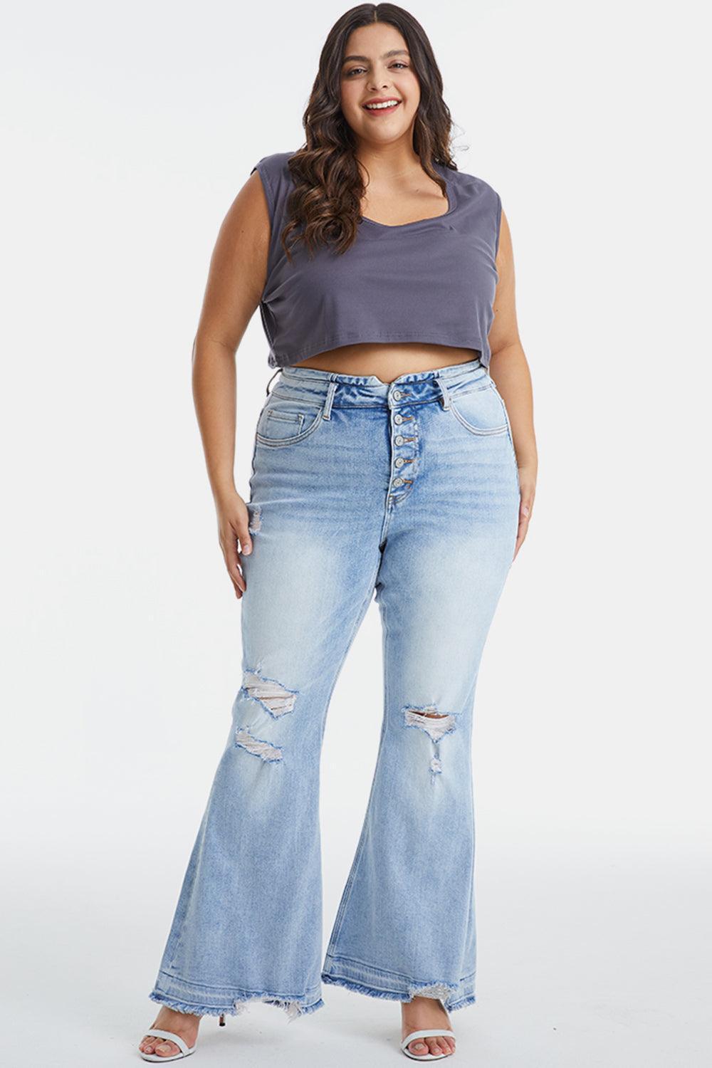 BAYEAS Full Size Distressed Raw Hem High Waist Flare Jeans - ClubOn