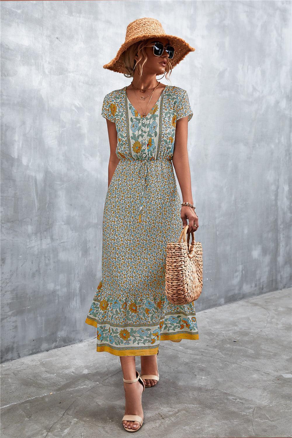 V-Neck Short Sleeve Printed Maxi Dress - ClubOn