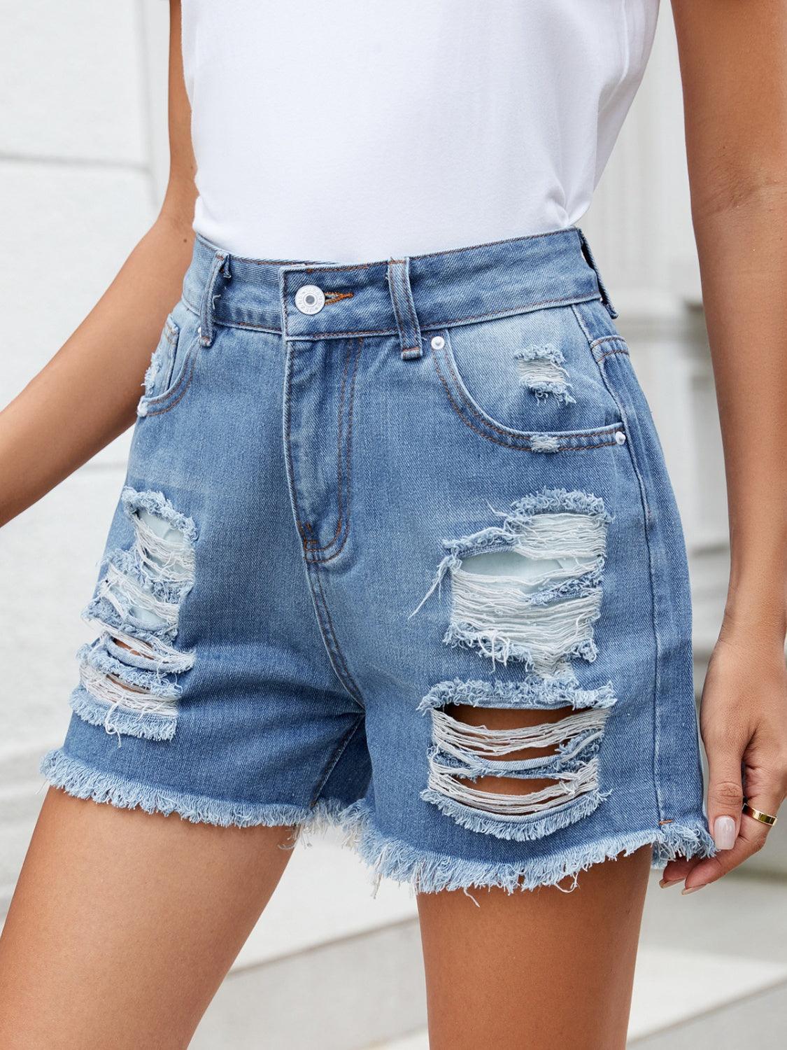 Distressed Raw Hem Denim Shorts - ClubOn