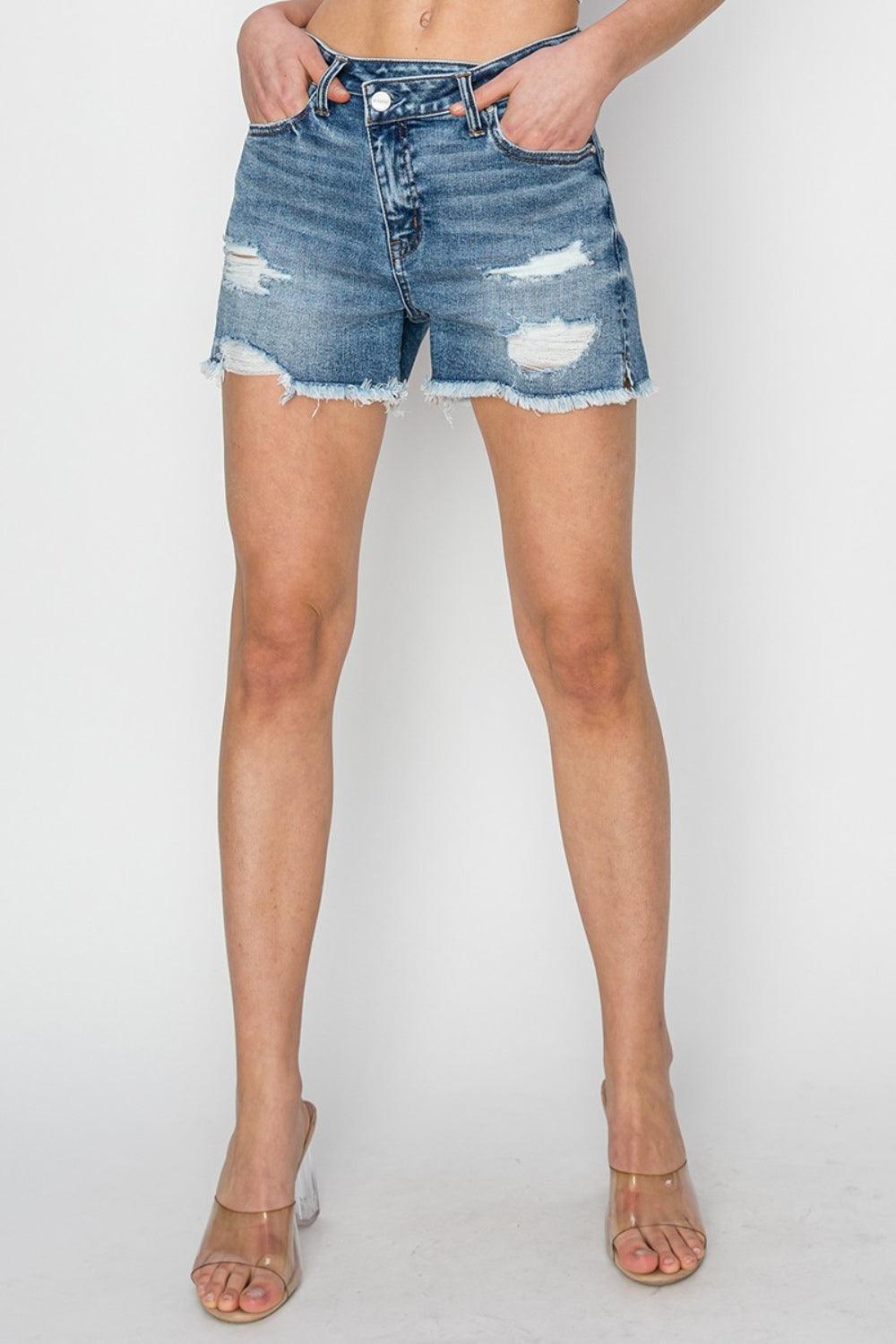 RISEN Stepped Waist Frayed Denim Shorts - ClubOn