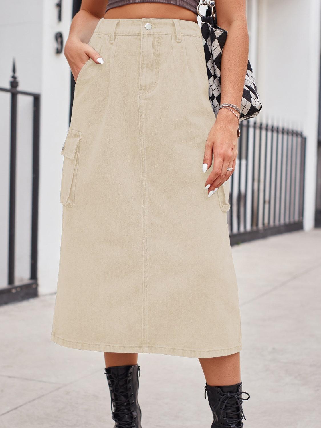 Slit Buttoned Denim Skirt with Pockets - ClubOn
