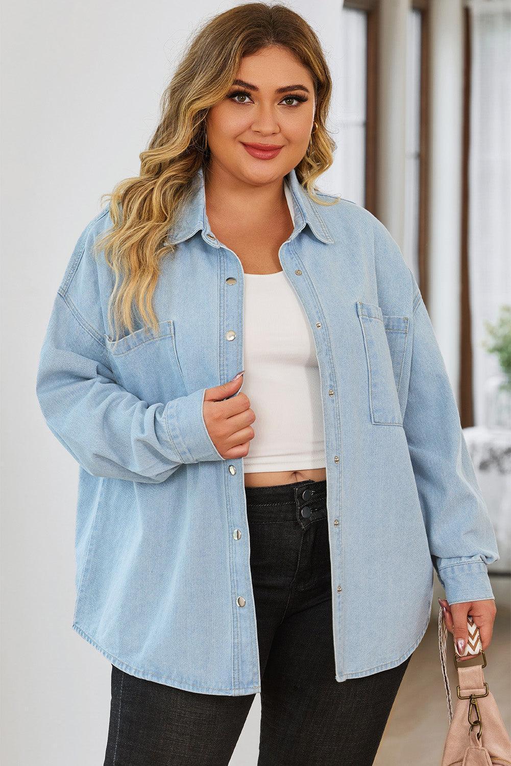 Plus Size Snap Down Pocketed Denim Jacket - ClubOn