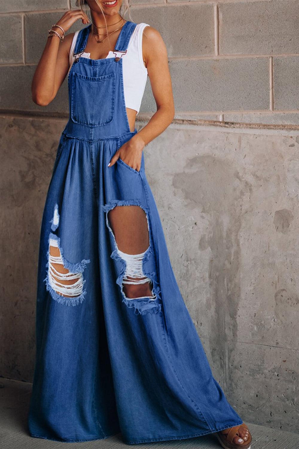 Distressed Wide Leg Denim Overalls - ClubOn