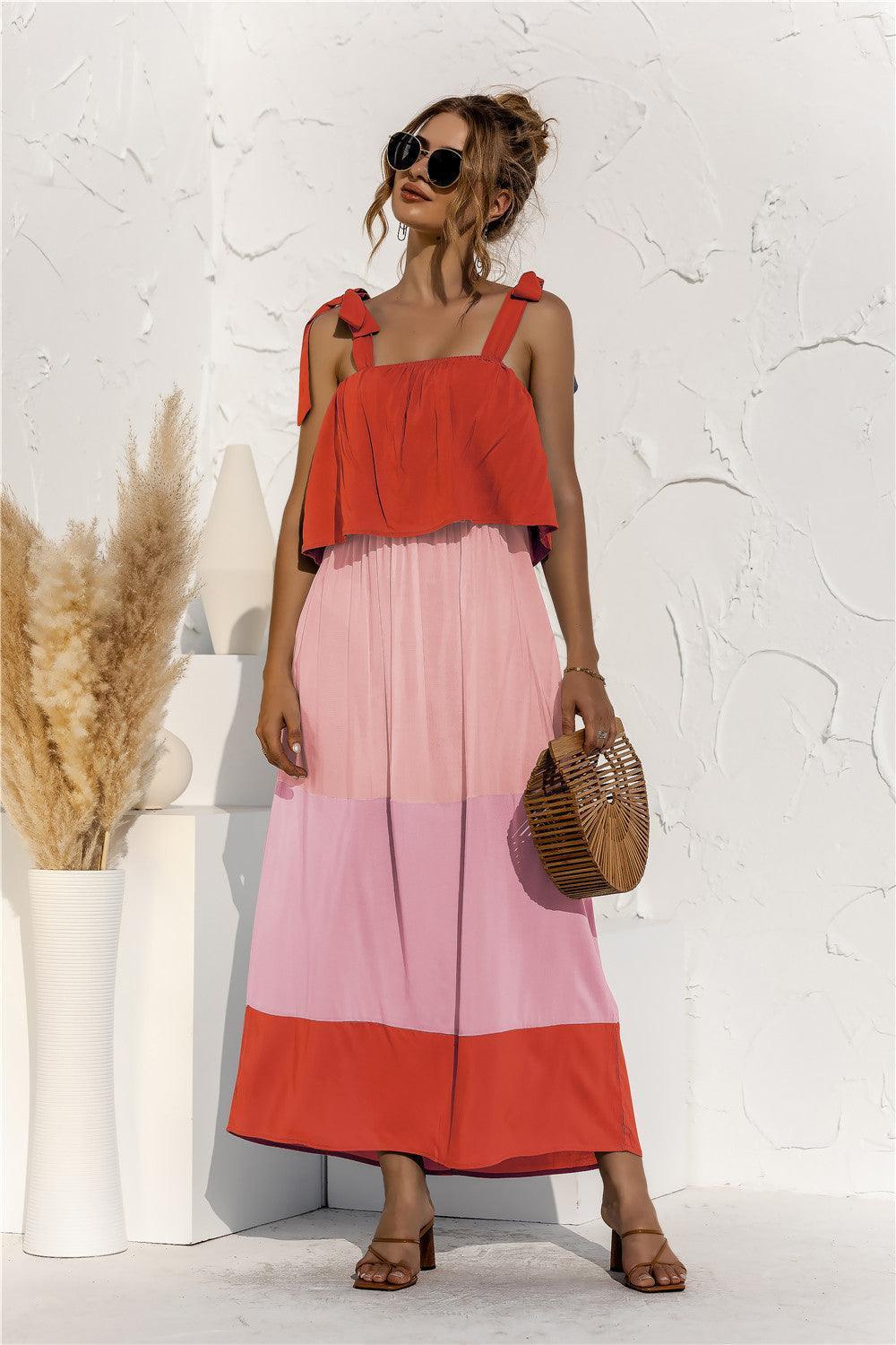 Color Block Tie Shoulder Tiered Sleeveless Dress - ClubOn