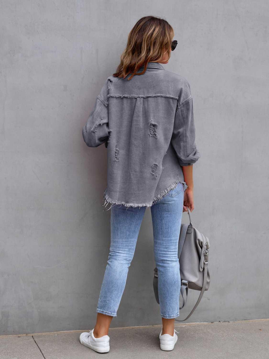 Distressed Drop Shoulder Denim Jacket - ClubOn