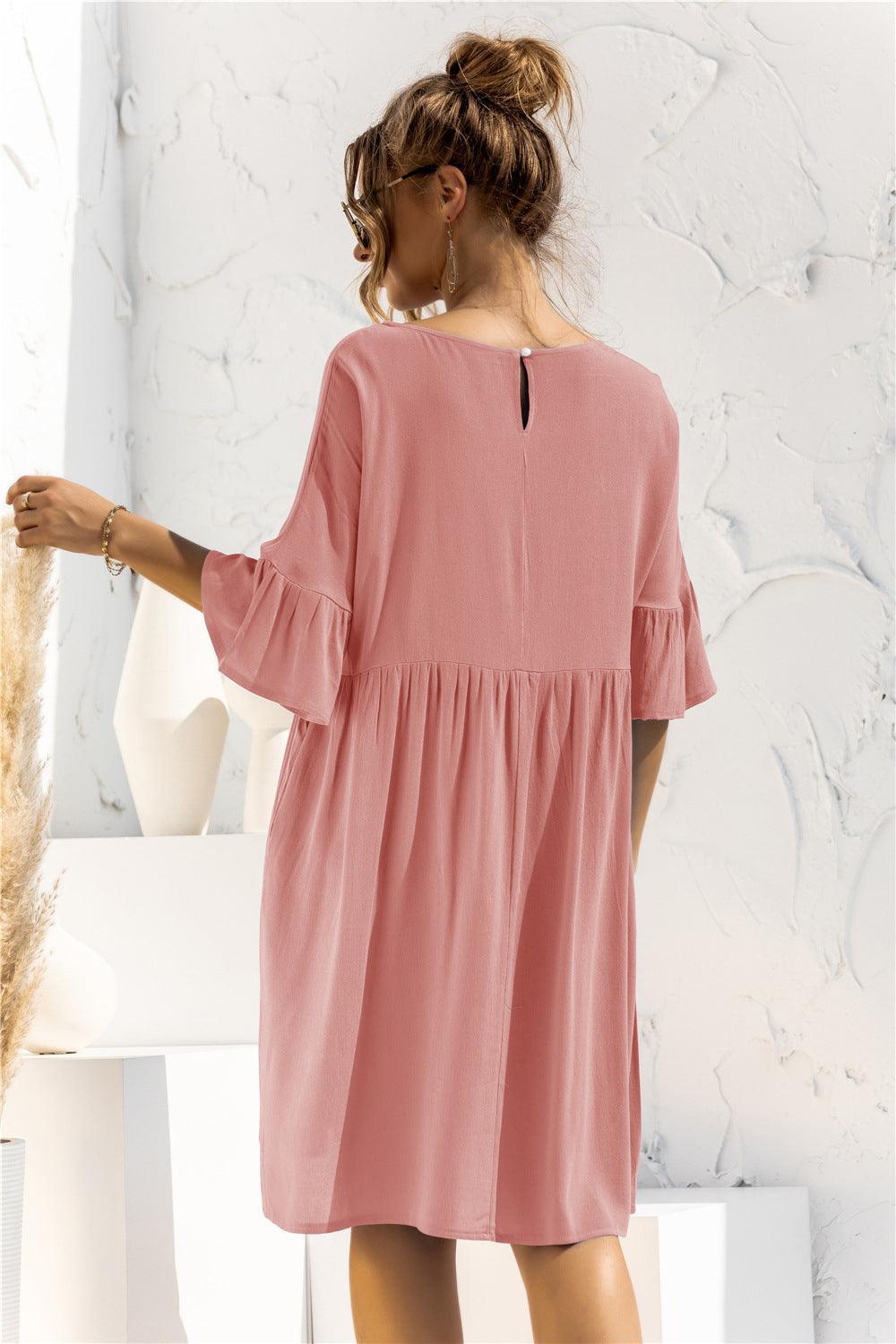 Boat Neck Flounce Sleeve Knee-Length Dress - ClubOn