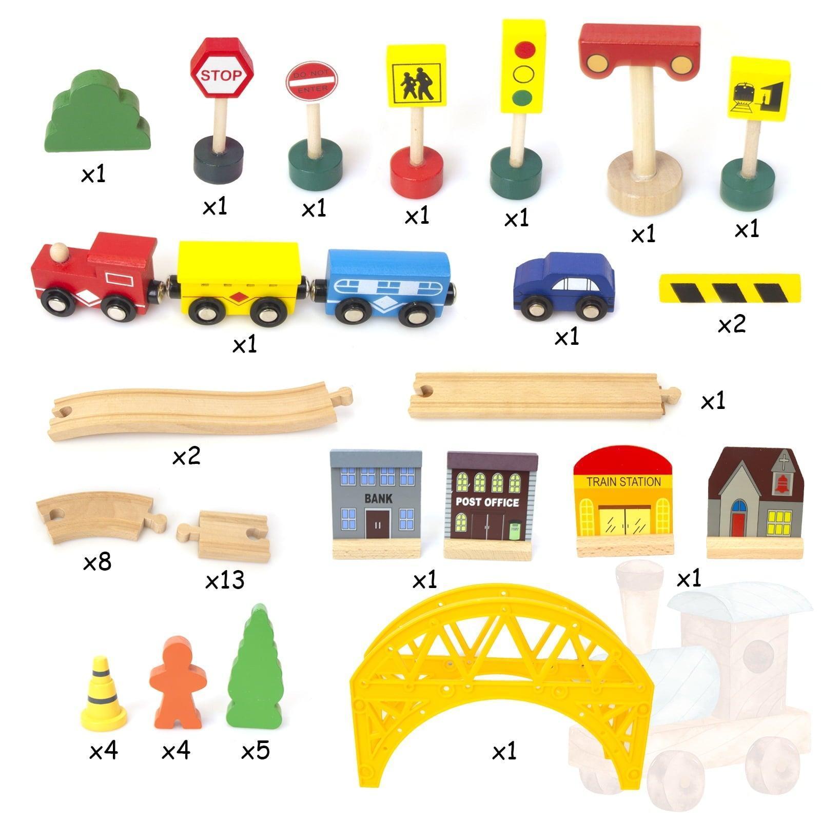 WoodenEdu Double-Side Model Train Set, Easy to Assemble Wood, Yellow, 60 Pcs, 2.72lbs - ClubOn