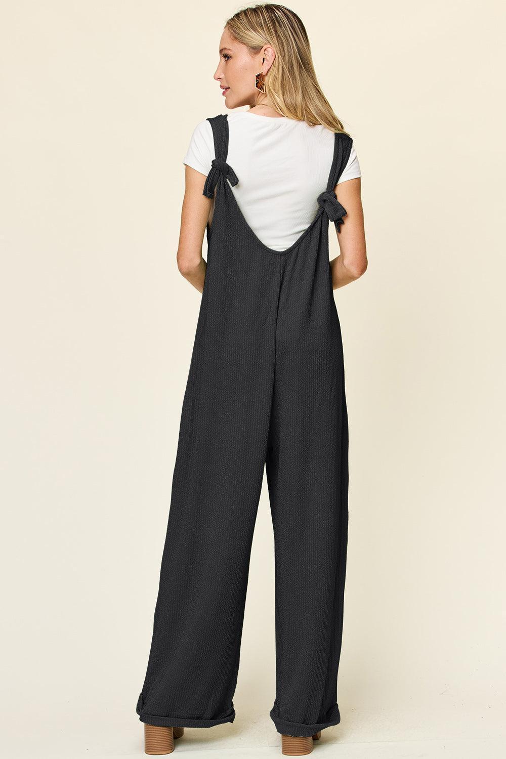 Double Take Full Size Texture Sleeveless Wide Leg Jumpsuit - ClubOn