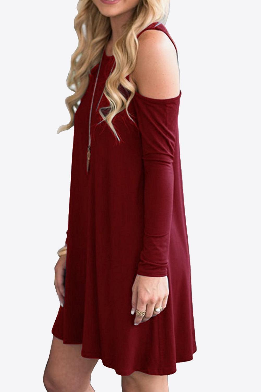 Cold-Shoulder Long Sleeve Round Neck Dress - ClubOn