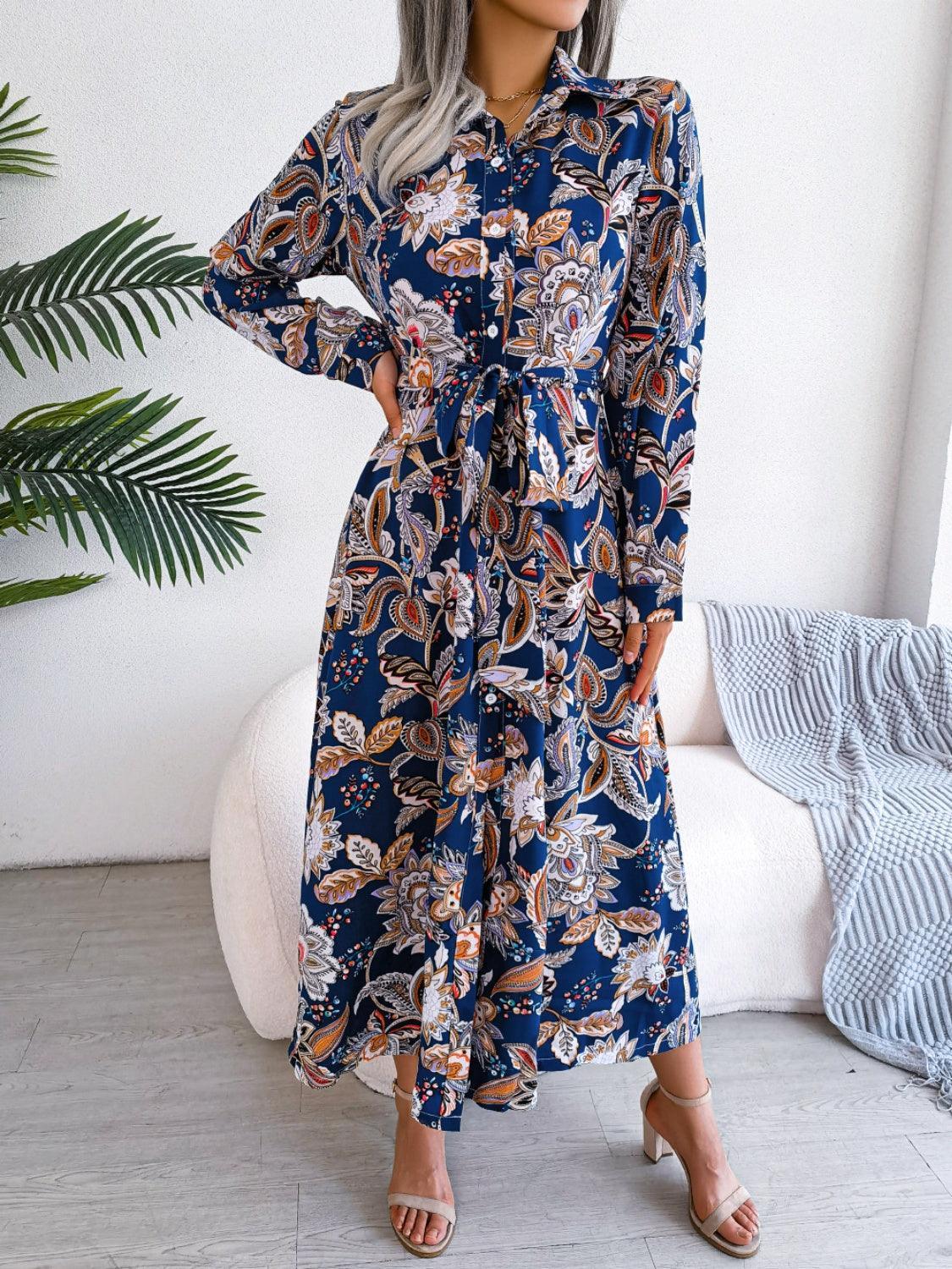 Tied Printed Long Sleeve Midi Dress - ClubOn