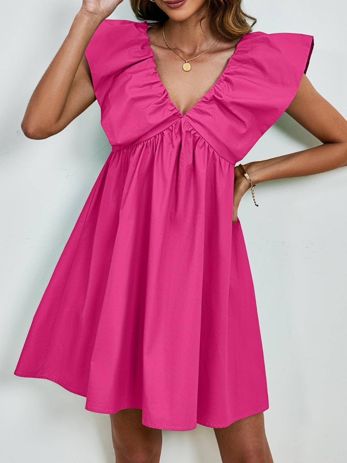 V-Neck Cap Sleeve Mini Dress - ClubOn
