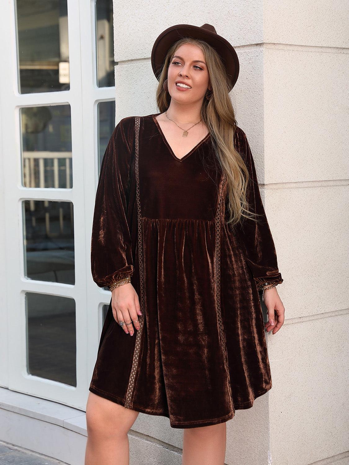 Plus Size V-Neck Balloon Sleeves Dress - ClubOn
