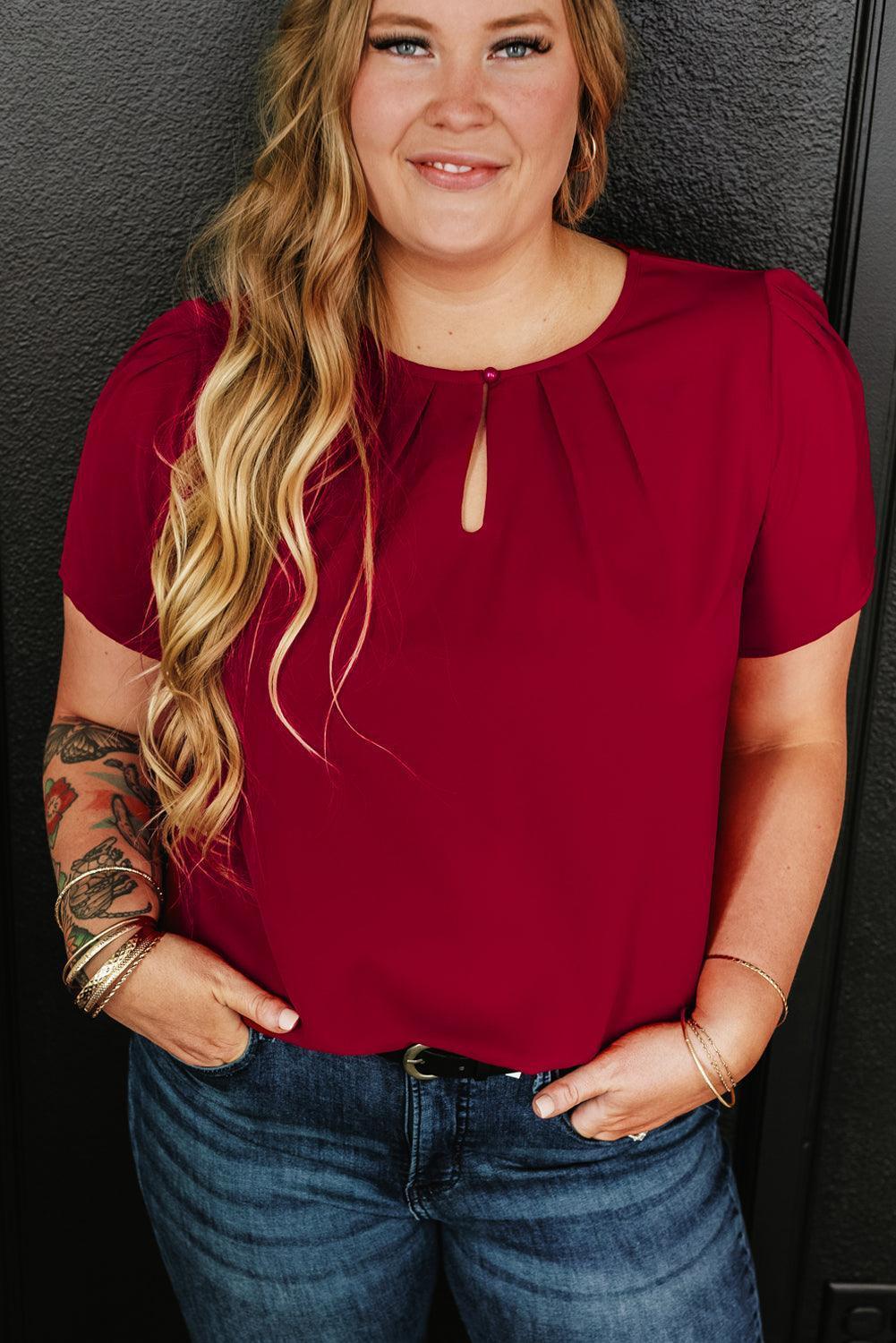 Plus Size Round Neck Short Sleeve Blouse - ClubOn