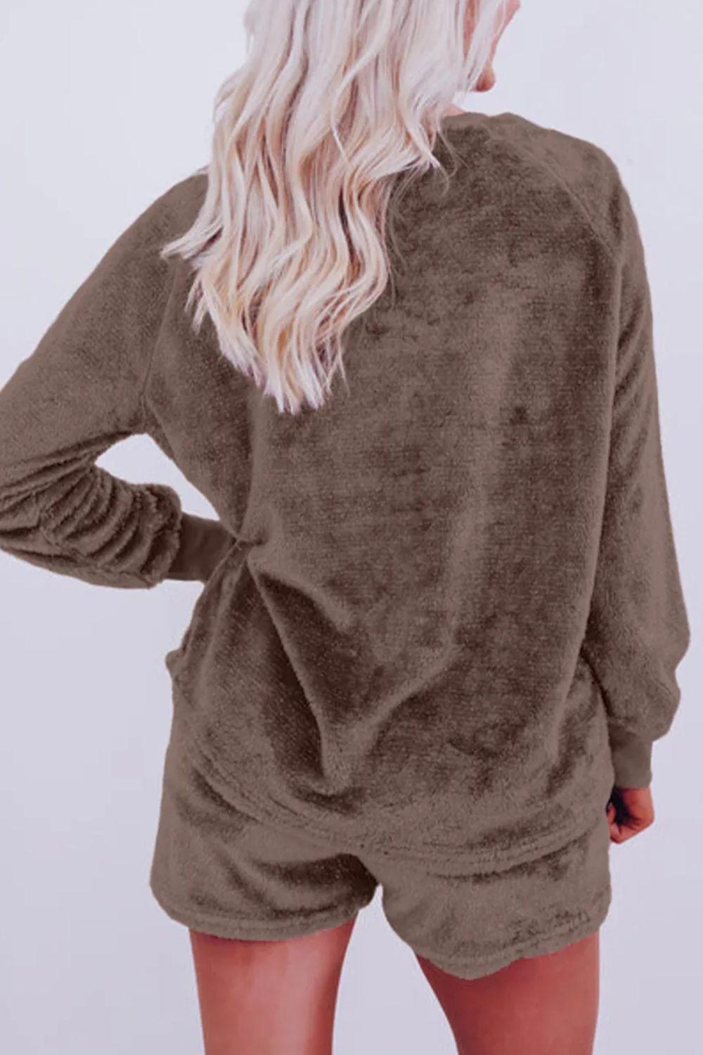 Round Neck Long Sleeve Top and Shorts Lounge Set - ClubOn