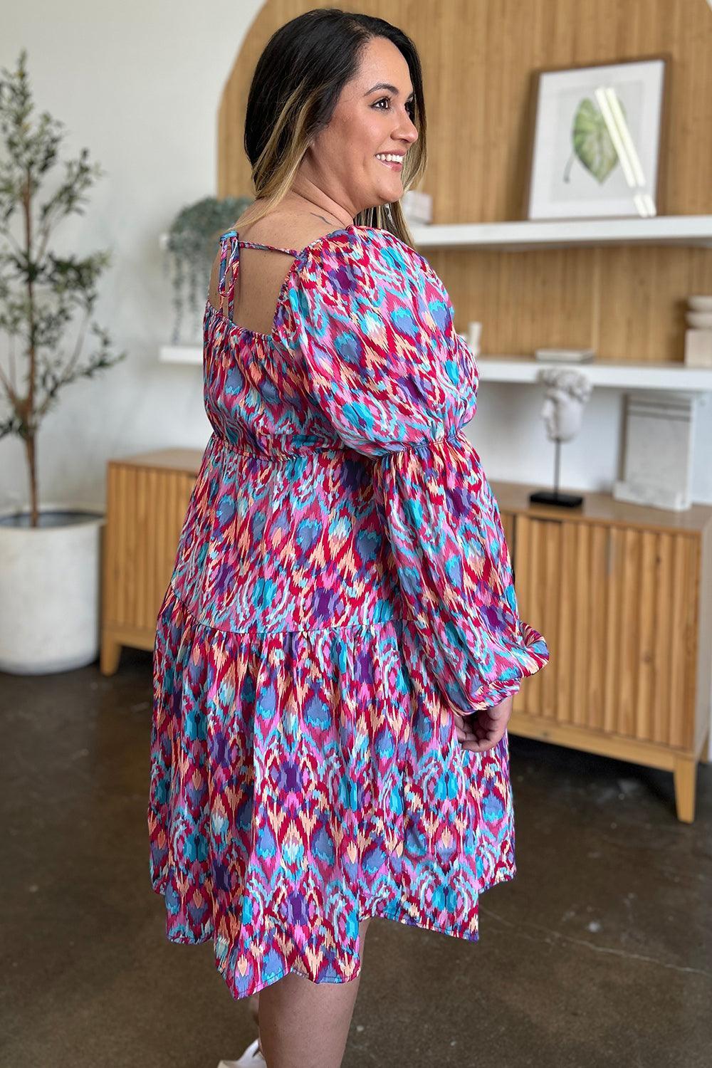 Double Take Full Size Printed Long Sleeve Dress - ClubOn