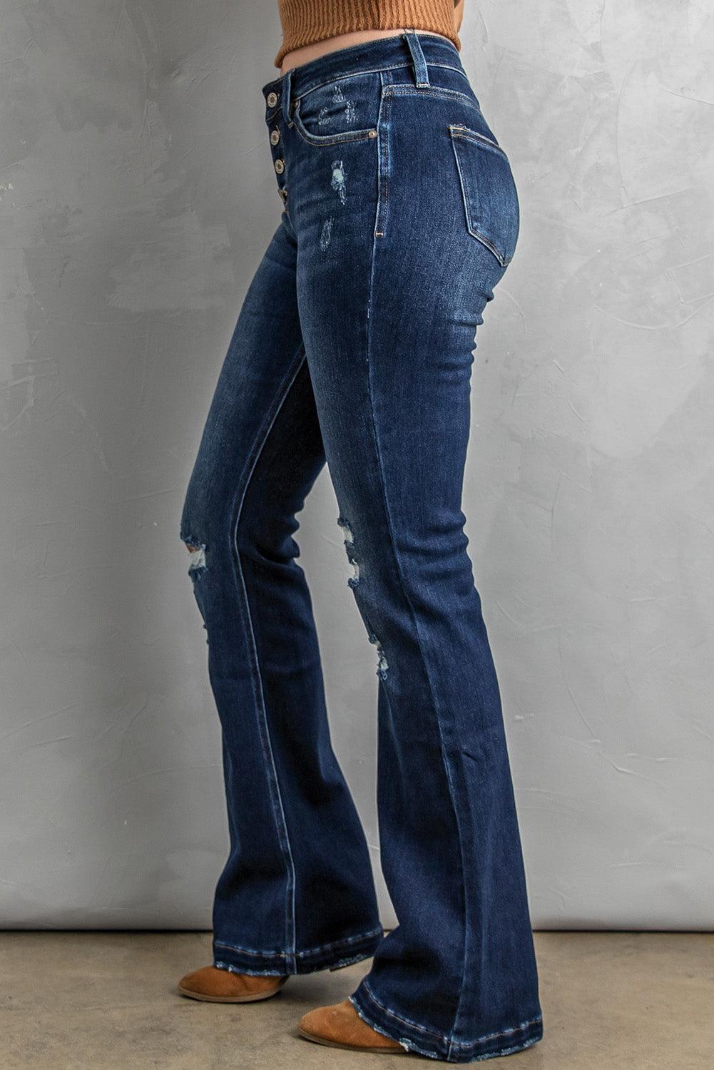Button Fly Distressed Bootcut Jeans - ClubOn