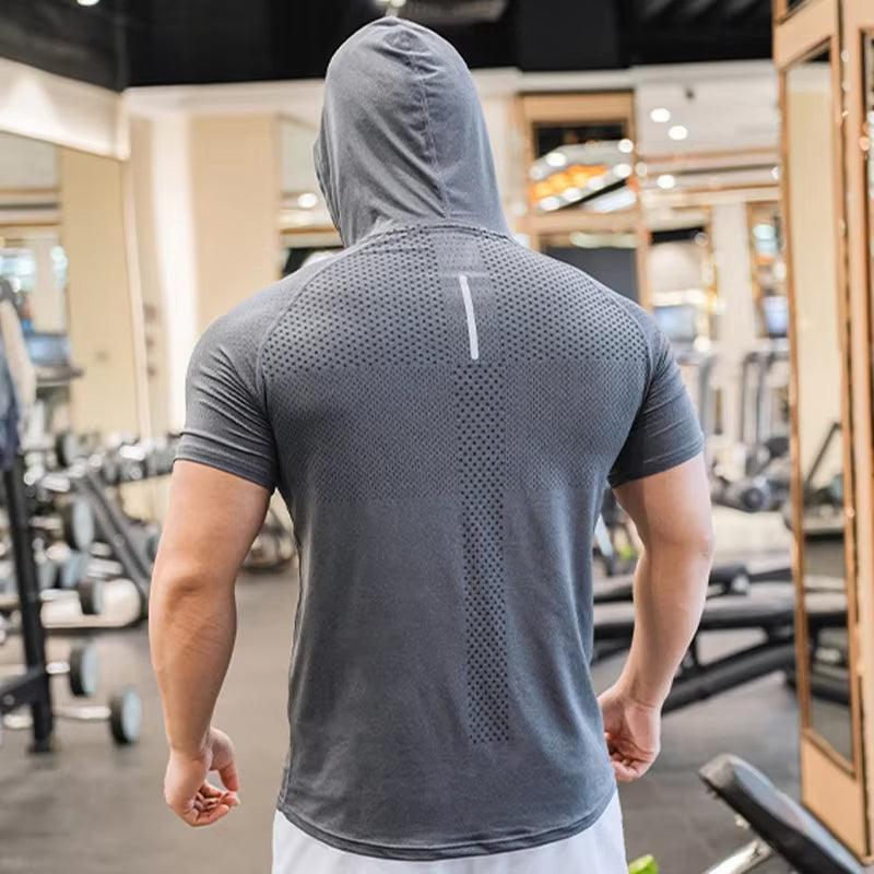 Men's Running Hoodie - Quick-Dry Short Sleeve Muscle Shirt for Gym & Fitness - ClubOn