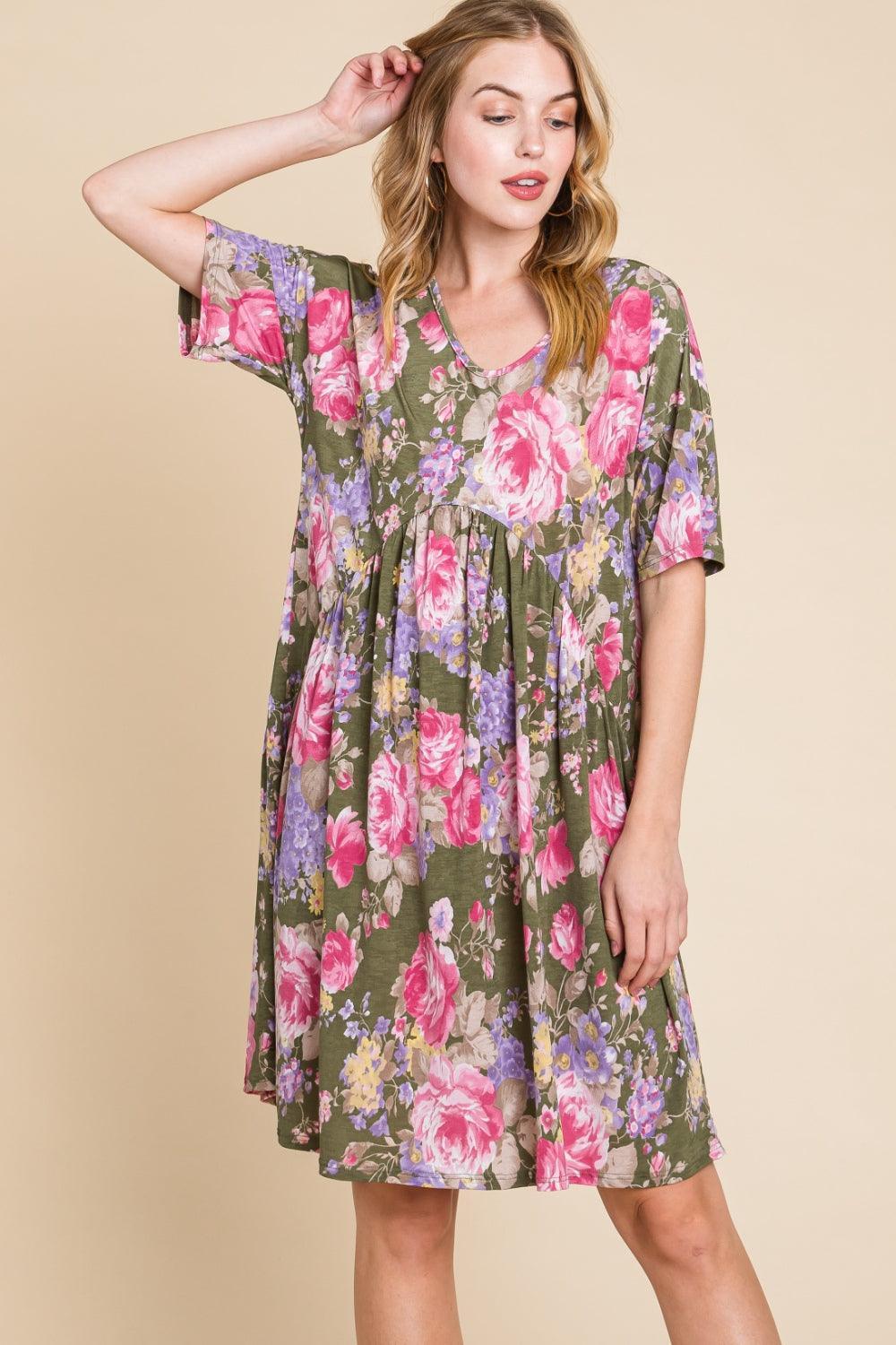 BOMBOM Flower Print V-Neck Ruched Dress - ClubOn