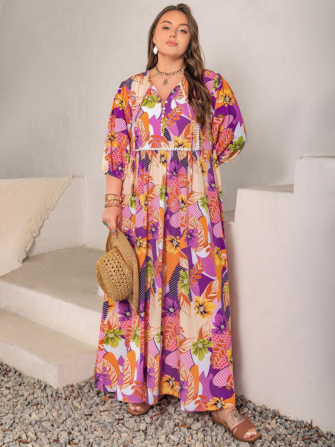 Plus Size Printed Tie Neck Maxi Dress - ClubOn