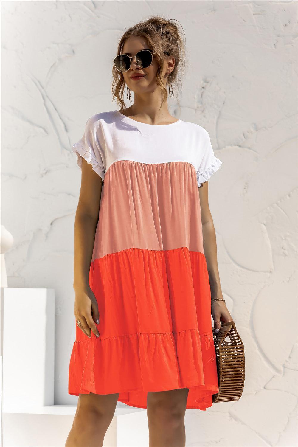 Color Block Round Neck Ruffle Hem Dress - ClubOn