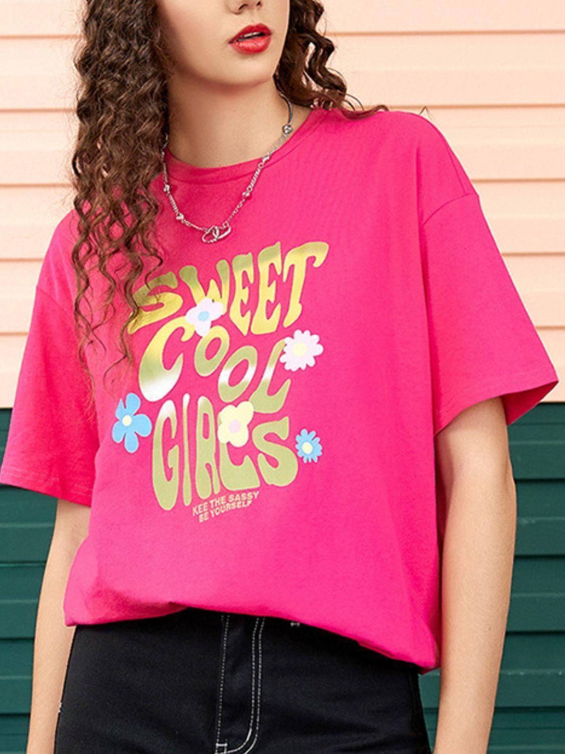 Letter Graphic Round Neck Half Sleeve T-Shirt - ClubOn