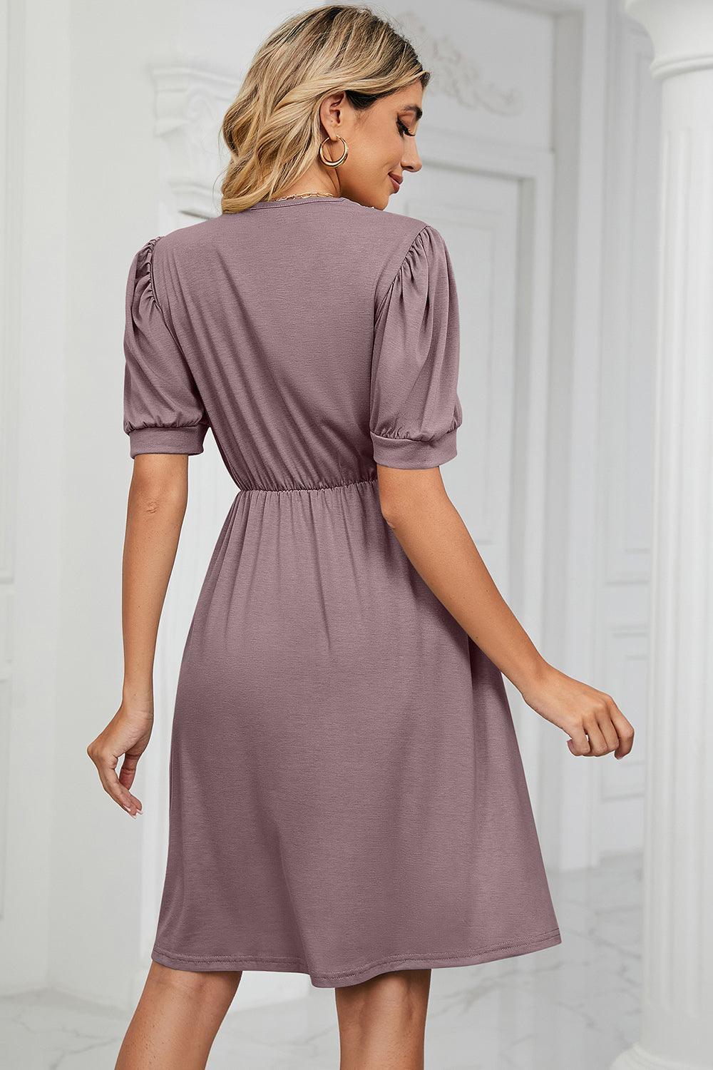 V-Neck Puff Sleeve Dress - ClubOn