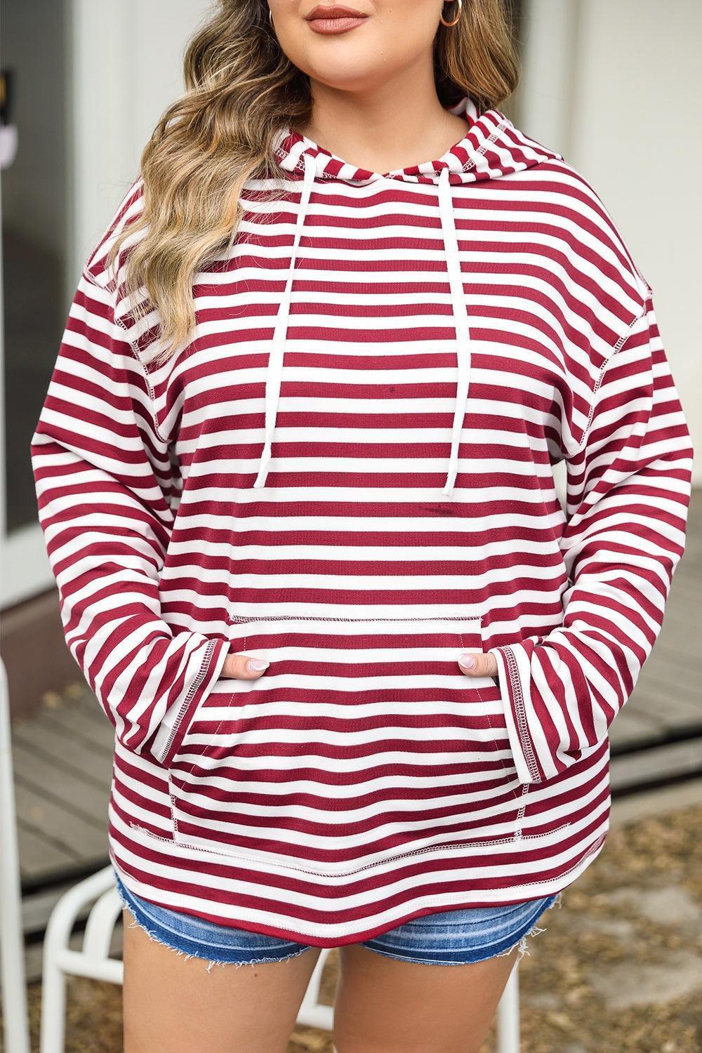 Plus Size Drawstring Striped Dropped Shoulder Hoodie - ClubOn