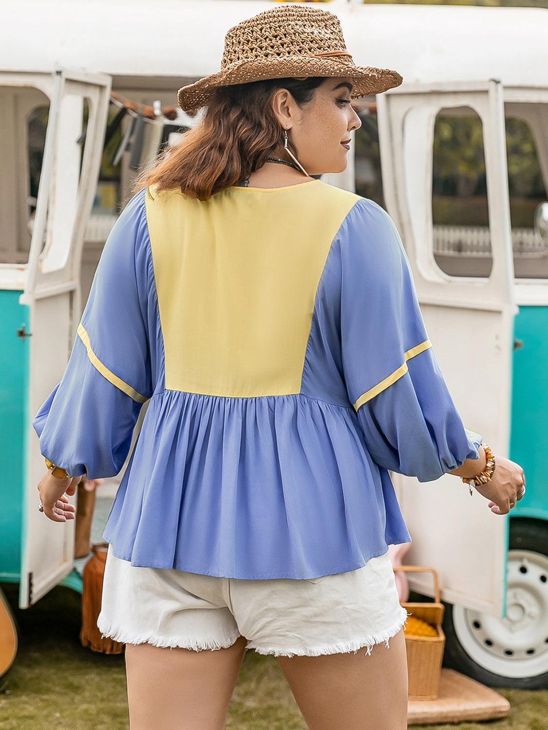 Plus Size Ruched Tie Neck Balloon Sleeve Blouse - ClubOn