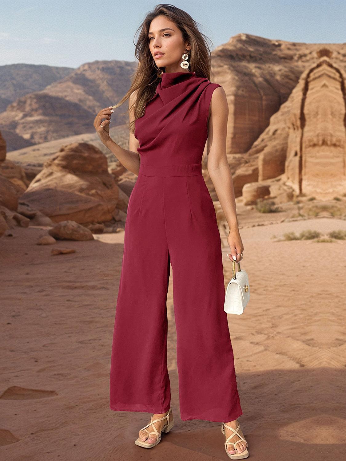 Perfee Ruched Mock Neck Sleeveless Jumpsuit - ClubOn