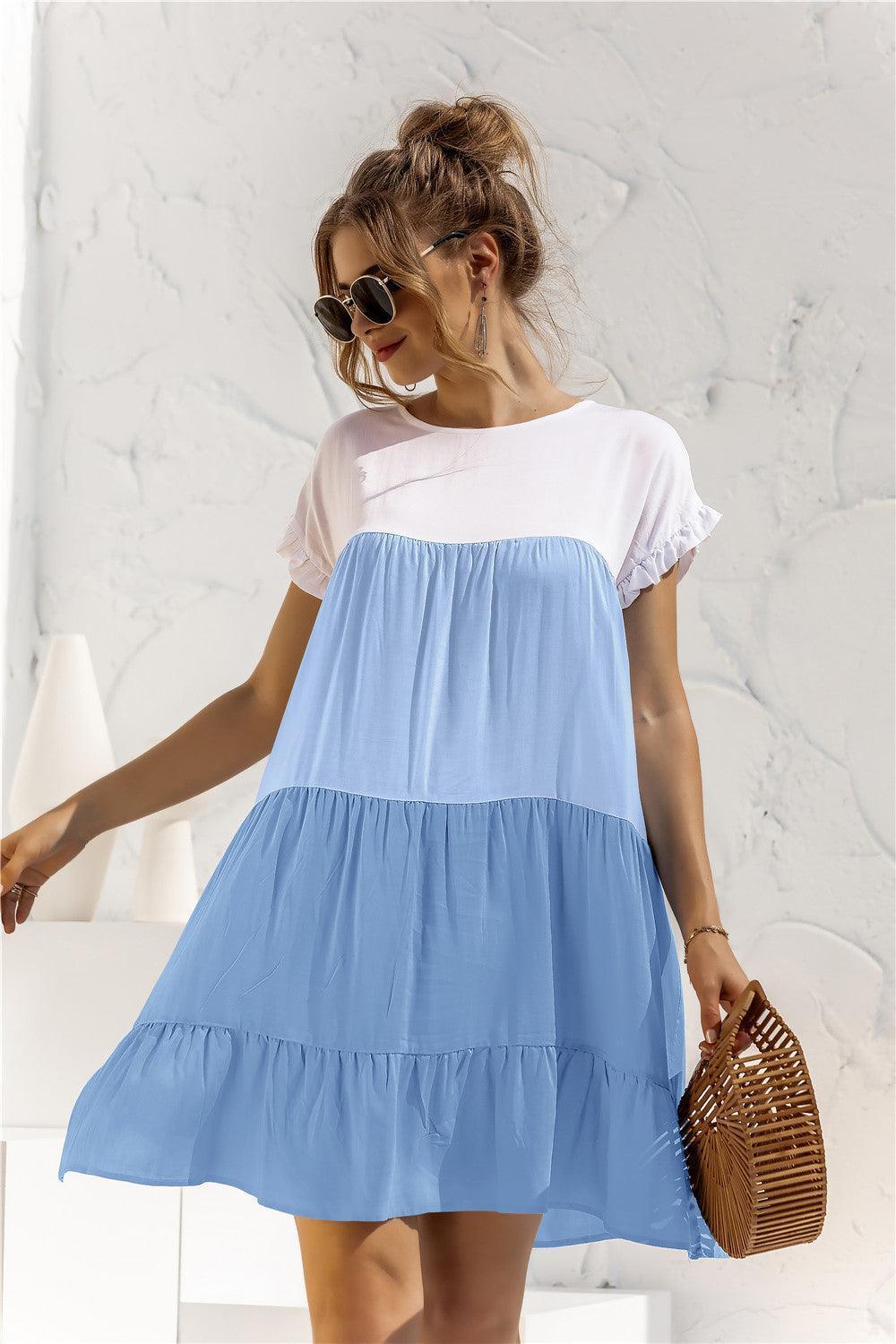 Color Block Round Neck Ruffle Hem Dress - ClubOn