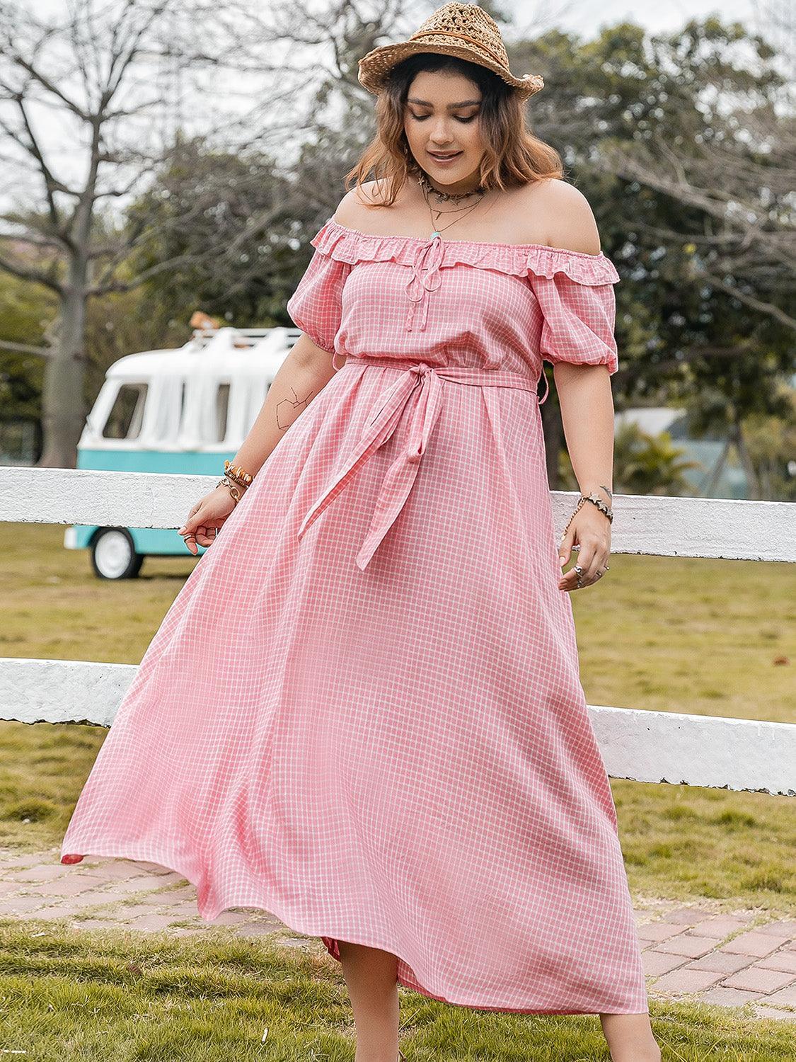 Plus Size Plaid Off-Shoulder Short Sleeve Midi Dress - ClubOn