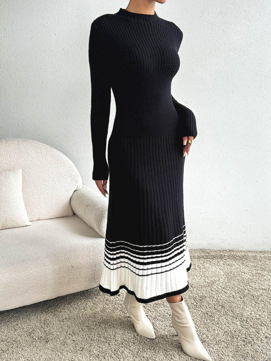 Contrast Mock Neck Long Sleeve Sweater Dress - ClubOn