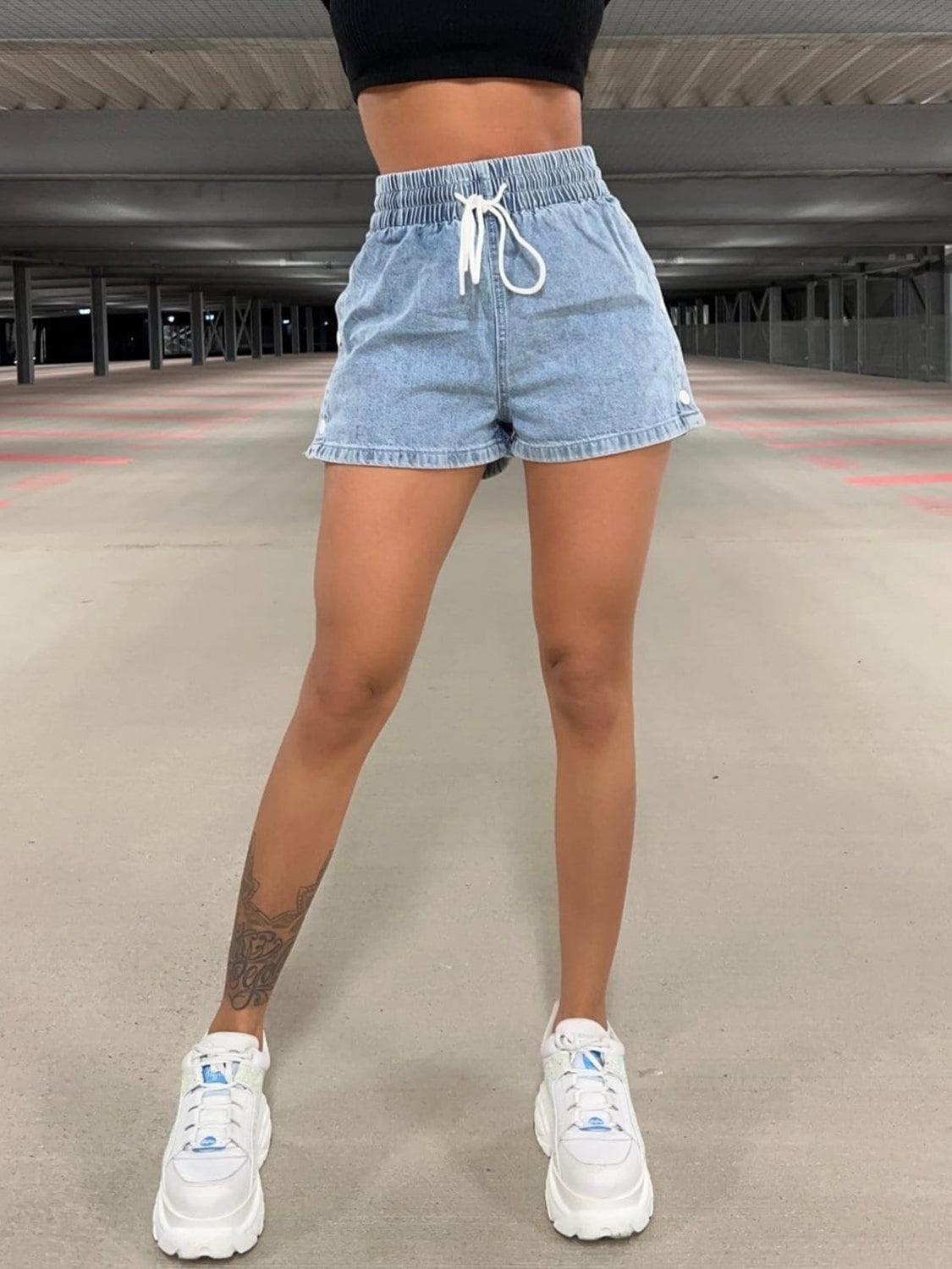 Drawstring High Waist Denim Shorts - ClubOn