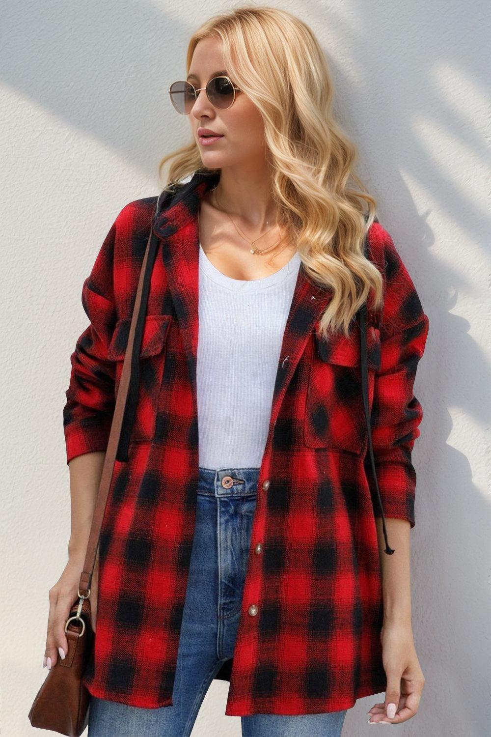Double Take Drawstring Plaid Long Sleeve Hooded Shacket - ClubOn
