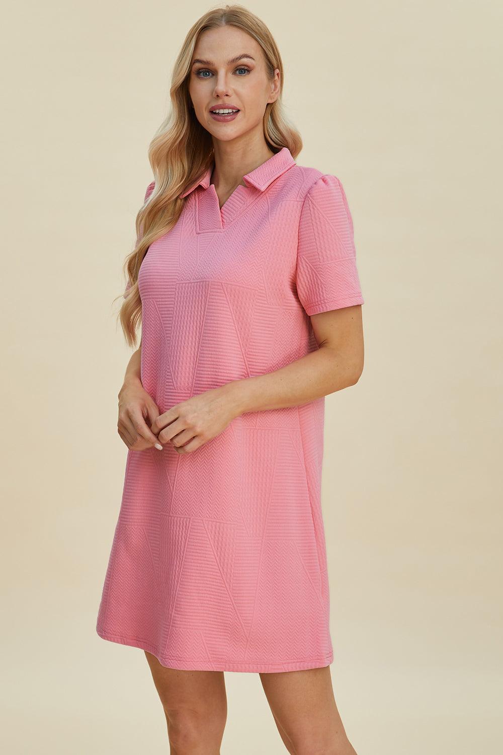 Double Take Full Size Texture Short Sleeve Dress - ClubOn