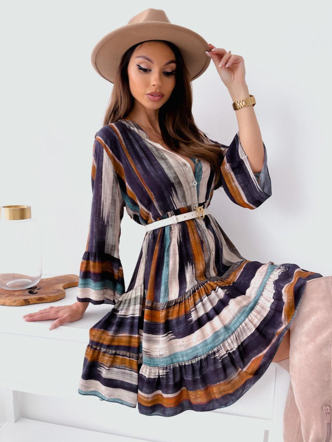 Buttoned Striped Long Sleeve Mini Dress - ClubOn