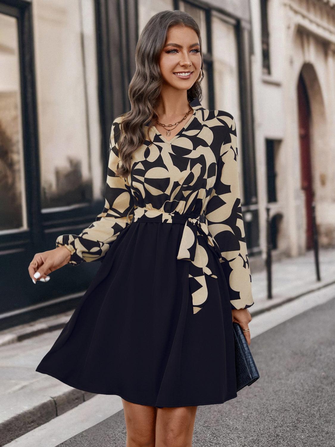 Contrast Notched Tie Front Long Sleeve Dress - ClubOn