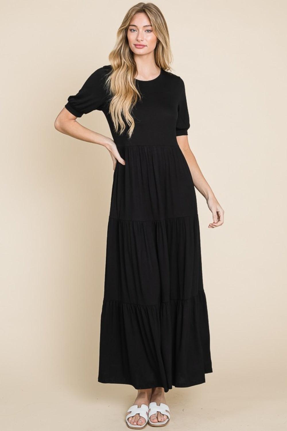 BOMBOM Short Sleeve Tiered Maxi Dress - ClubOn