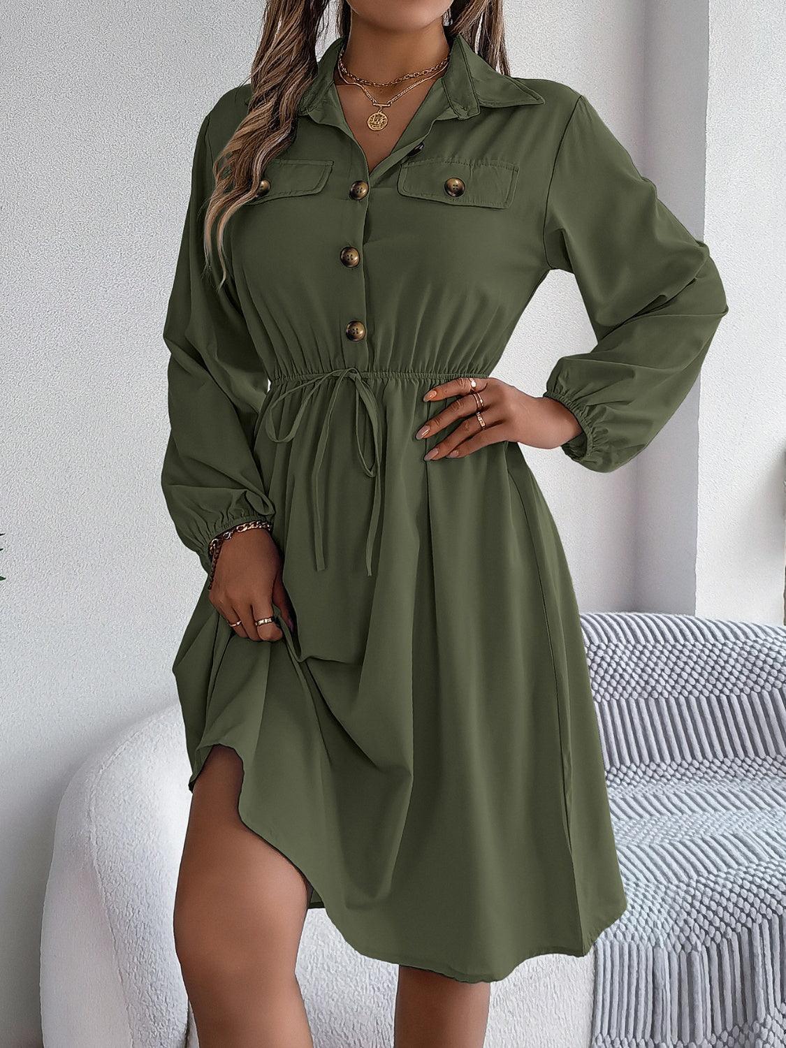 Collared Neck Long Sleeve Dress with Pockets - ClubOn