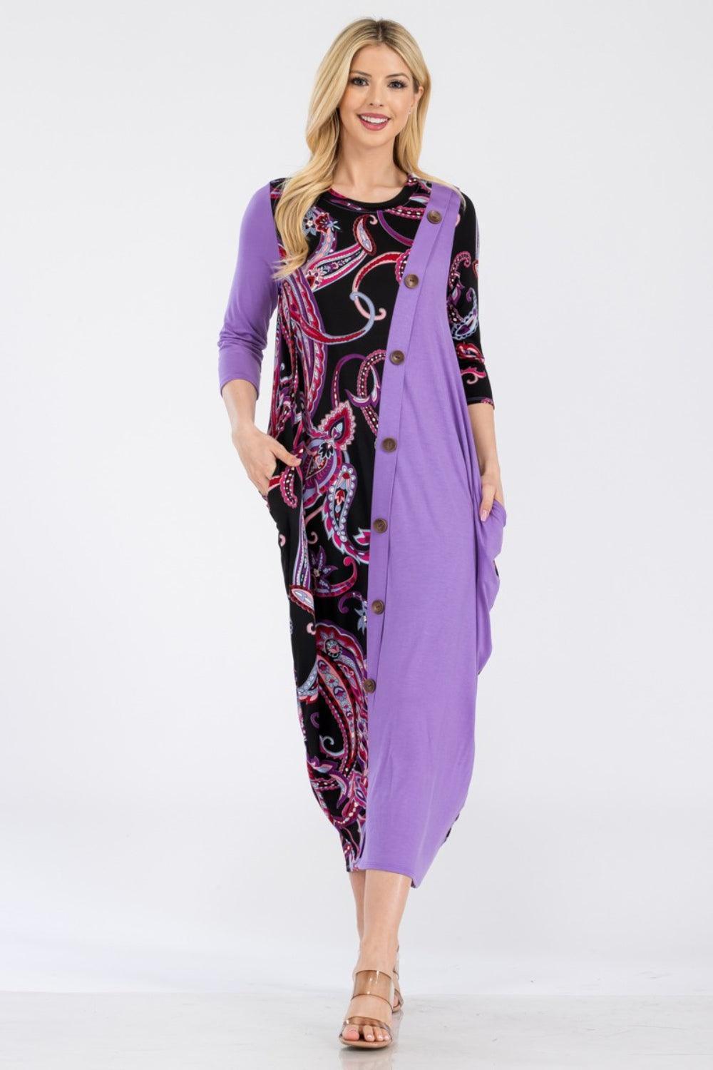 Celeste Full Size Paisley Contrast Midi Dress with Pockets - ClubOn